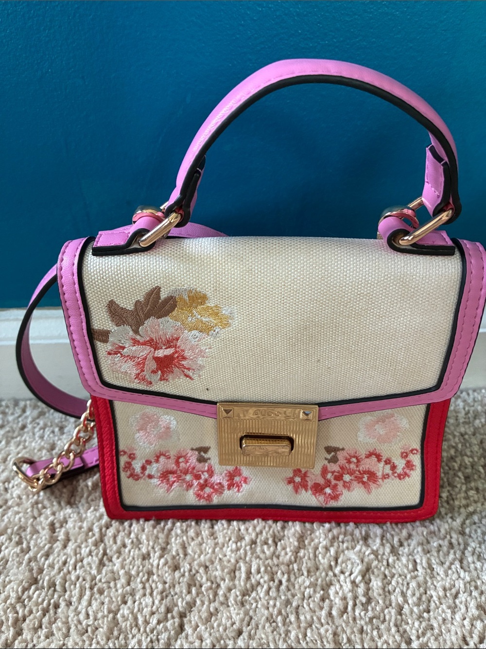 Aldo Cream Floral Top-Handle Satchel with Pink and Red Trim